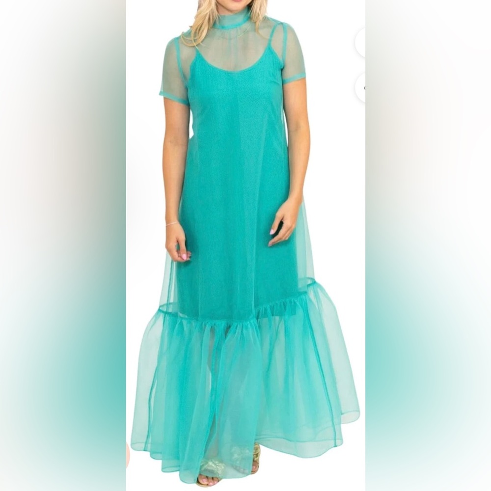 TURQUOISE ORGANZA BOW BACK MAXI